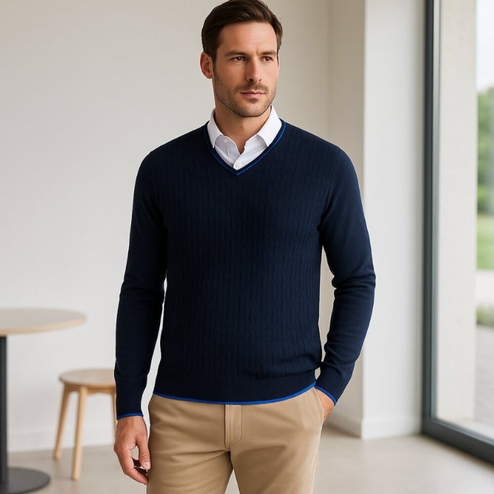 Ted Baker‎ Golf Navy Blue Textured V-Neck Sweater Mens Size 4 Classic Preppy